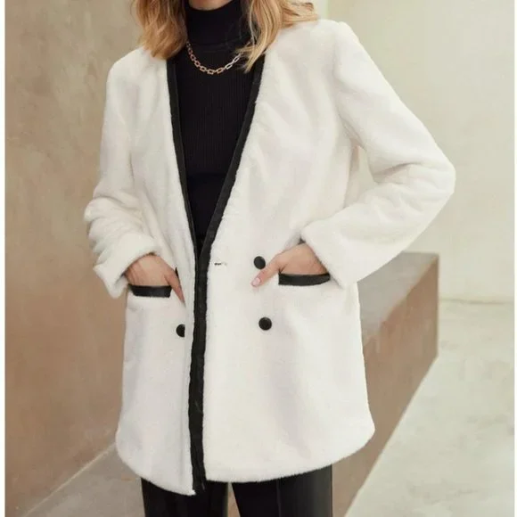 luxury faux leather detailed fuzzy jacket elegant - Picture 5 of 9